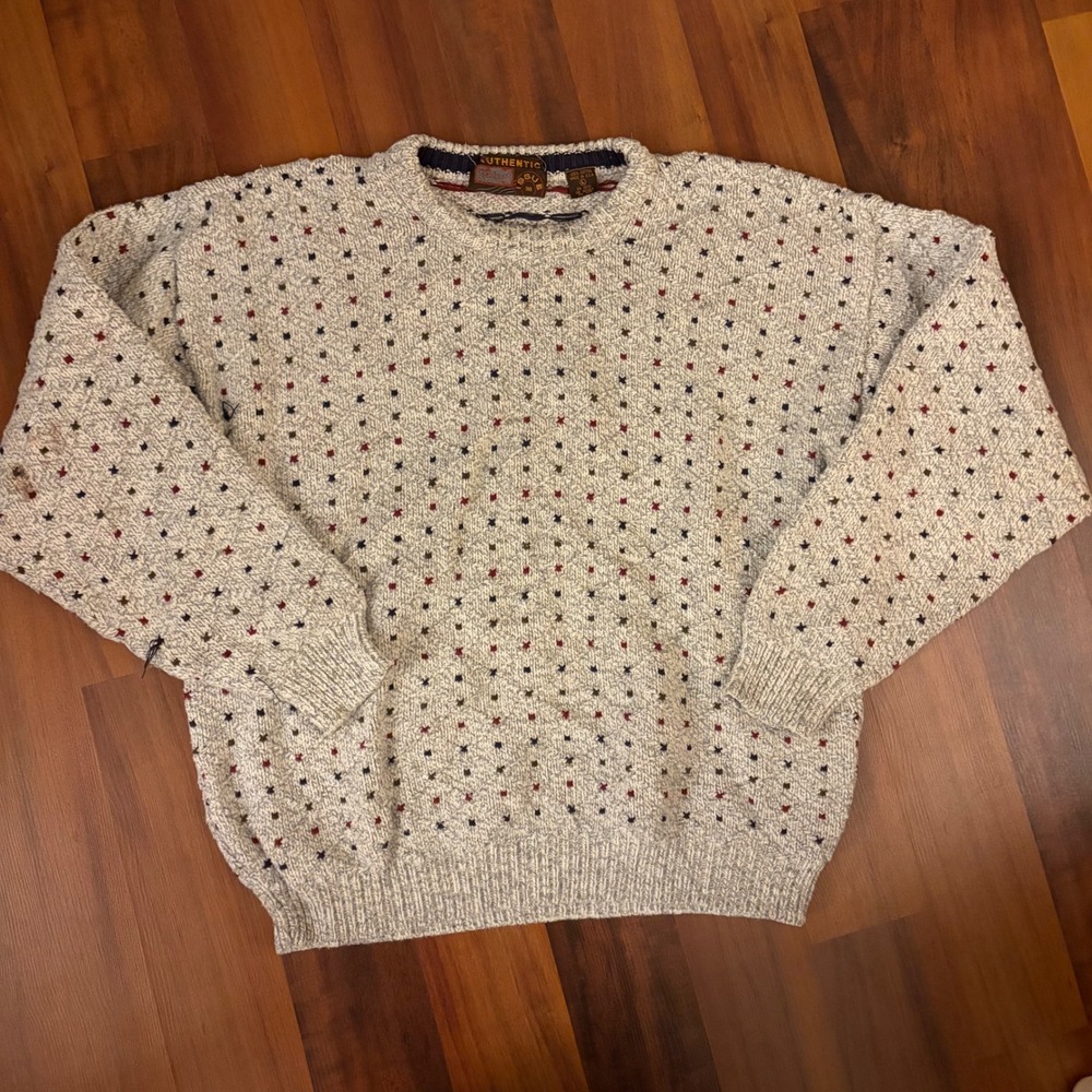 Authentic Mens Crew Neck Sweater Speckled Pattern Red‎ Blue Green Accents Size L